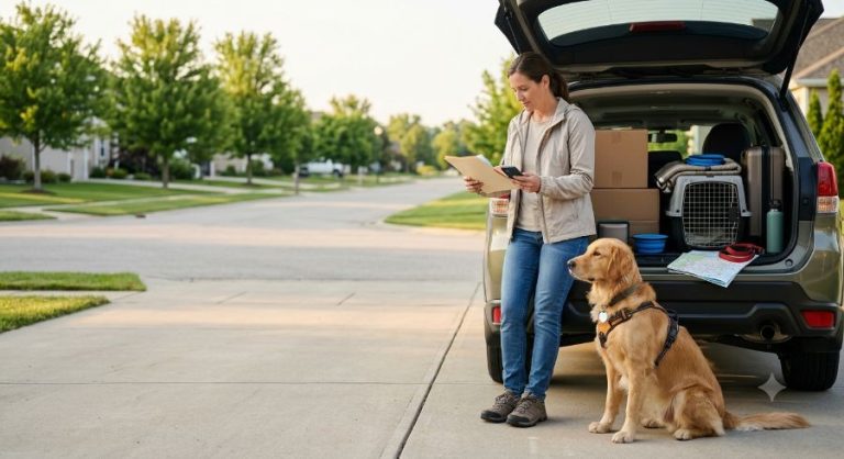 A woman and dog review a map near their packed vehicle.