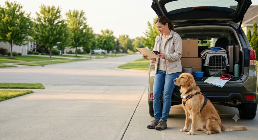 A woman and dog review a map near their packed vehicle.