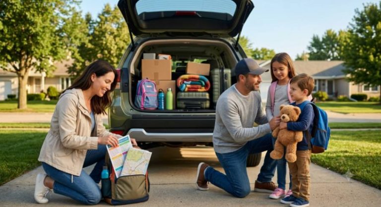 Family packing their SUV in the driveway for a road trip.