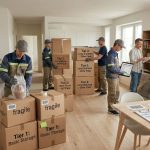 Professional movers pack labeled boxes in a modern apartment.