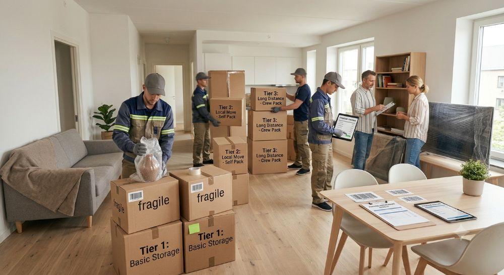 Professional movers pack labeled boxes in a modern apartment.