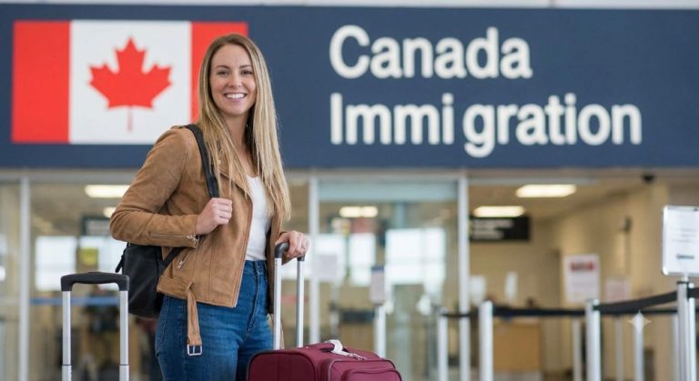 Smiling woman with luggage at Canada Immigration counter.