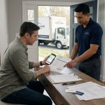 Homeowner reviewing written estimate with professional mover during consultation.