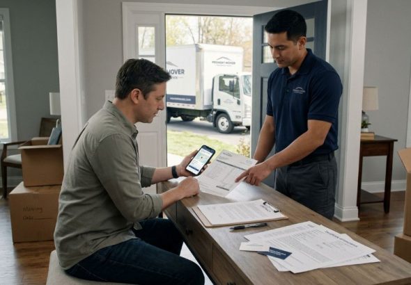 Homeowner reviewing written estimate with professional mover during consultation.