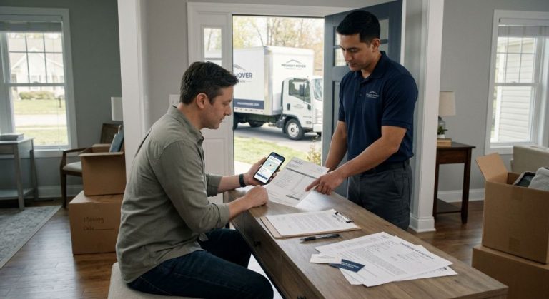 Homeowner reviewing written estimate with professional mover during consultation.
