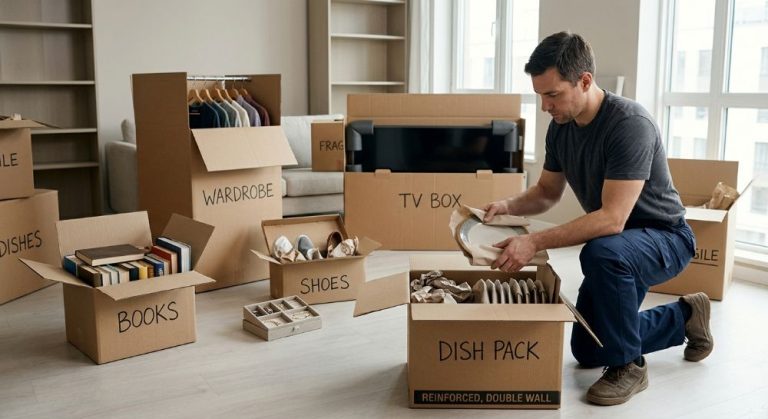 Person carefully wrapping dishes while organizing labeled moving boxes.