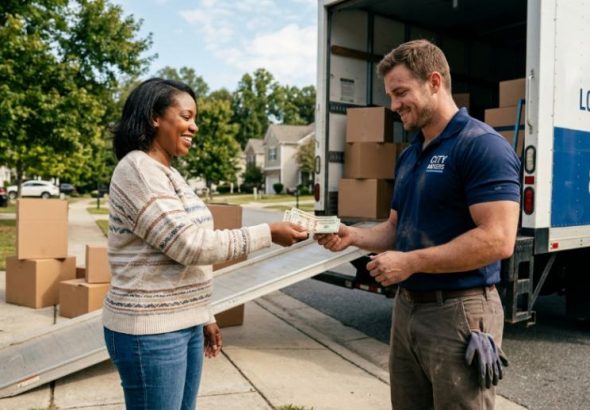 Customer tipping a mover in cash after a local move