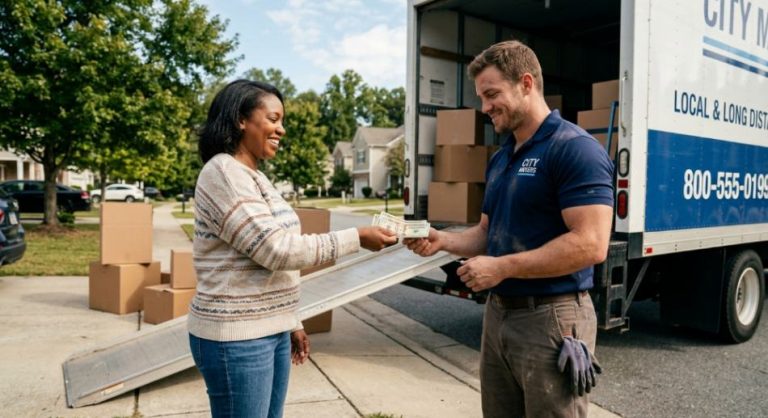 Customer tipping a mover in cash after a local move