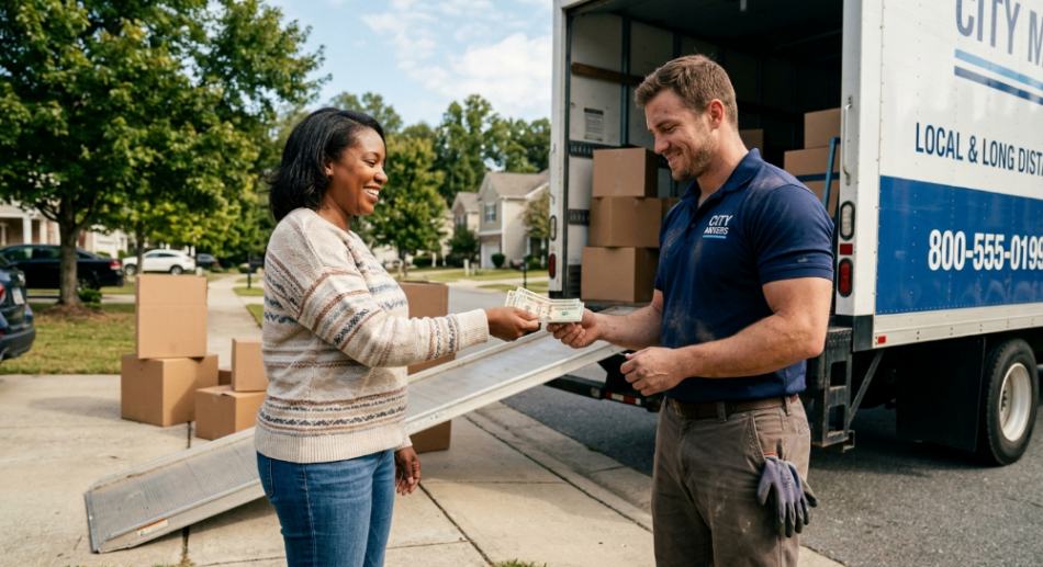 Customer tipping a mover in cash after a local move