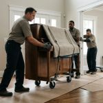 Three movers carefully guiding a padded piano on a dolly.