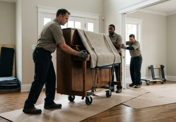 Three movers carefully guiding a padded piano on a dolly.