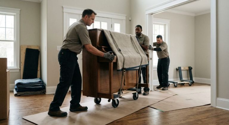 Three movers carefully guiding a padded piano on a dolly.