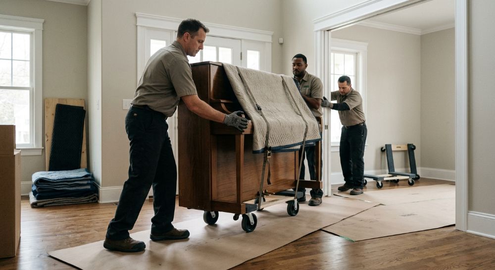 Three movers carefully guiding a padded piano on a dolly.