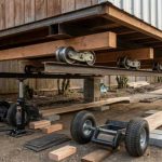 shed raised on blocks, runners visible, rollers underneath