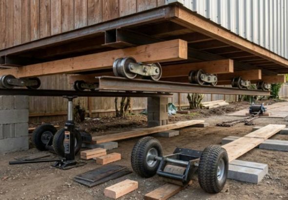 shed raised on blocks, runners visible, rollers underneath