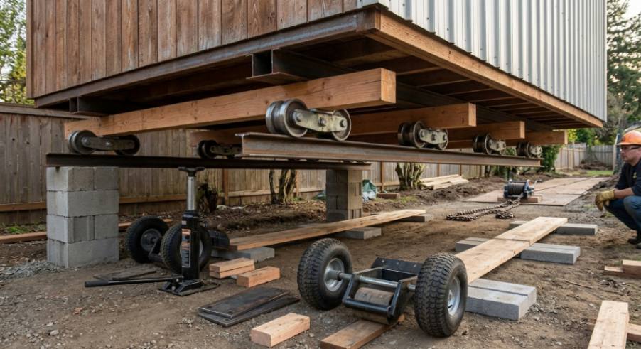 shed raised on blocks, runners visible, rollers underneath